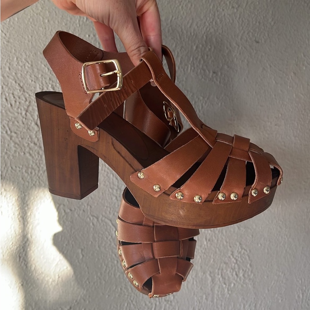 Preloved tan clogs with gold studs and wood platform heels